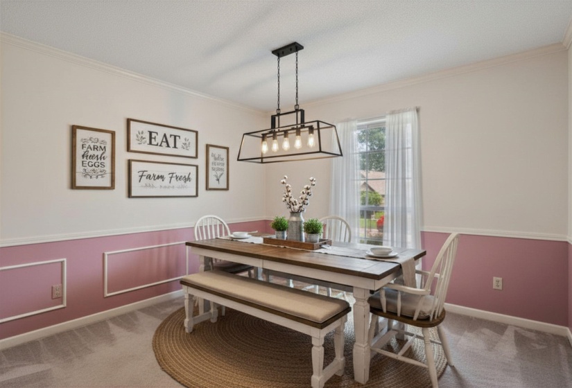 Formal Dining Room with crown molding and chair rail. (Virtually staged.)
