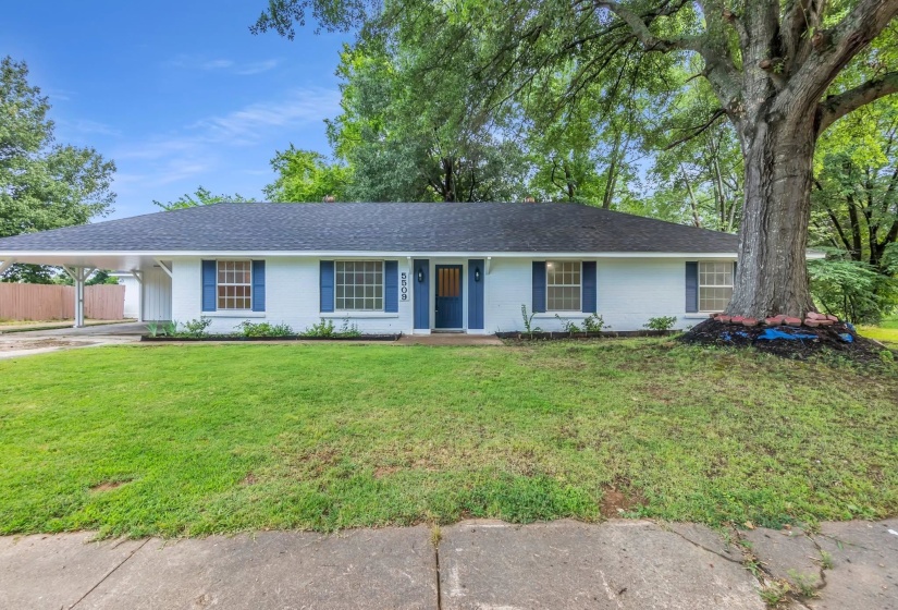 Ranch-style residence featuring a dark shingle roof, white brick exterior, blue shutters, and a covered carport