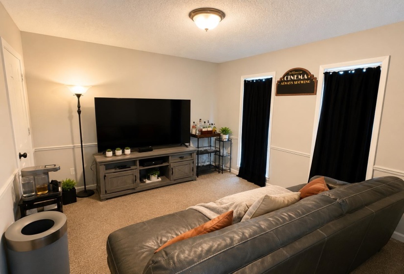 Carpeted room featuring light gray walls with white wainscoting, two windows with white trim, and a ceiling-mounted light fixture