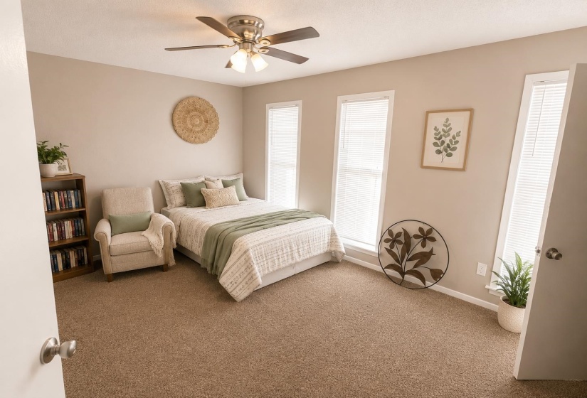 Carpeted room featuring a ceiling fan with integrated lighting, multiple windows with blinds, and neutral-toned walls