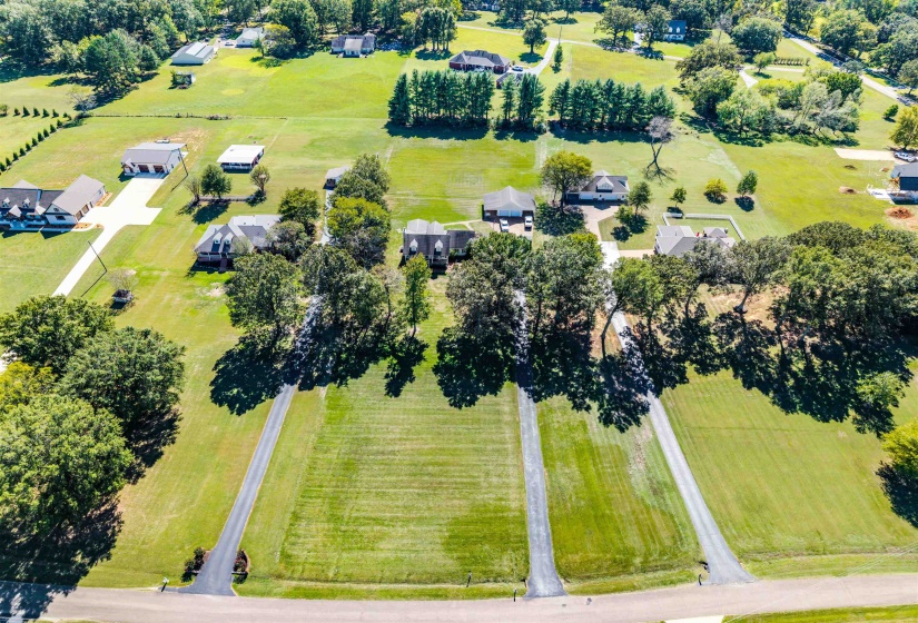 Aerial view of sparsely populated area with a tree filled landscape