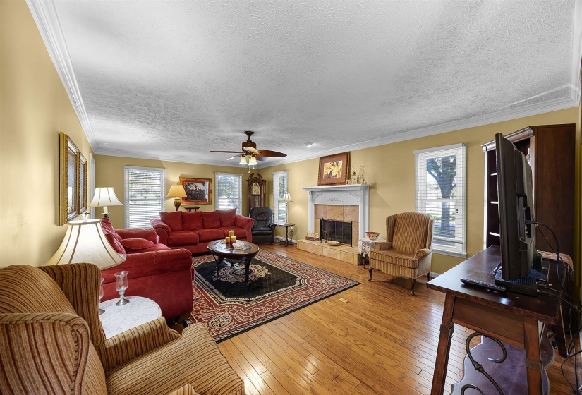 Living room featuring wood-type flooring, crown molding, plenty of natural light, a tiled fireplace, and a textured ceiling