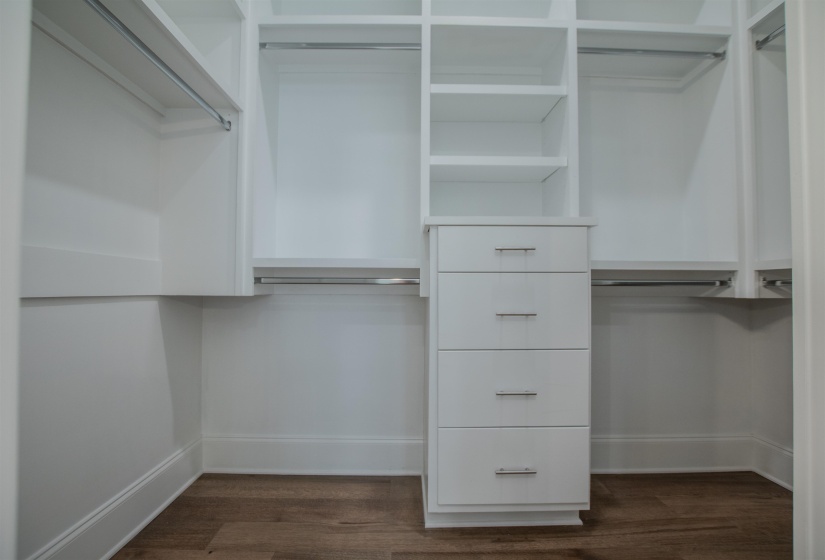 Spacious closet with dark hardwood / wood-style floors