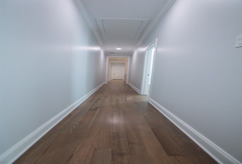 Hall featuring hardwood / wood-style flooring and ornamental molding