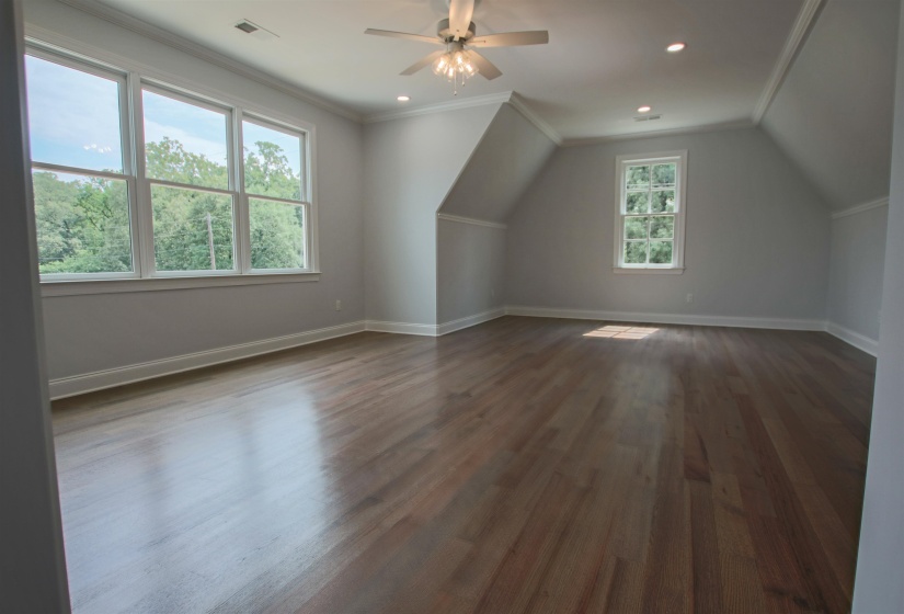 Additional living space with wood-type flooring, ceiling fan, and vaulted ceiling