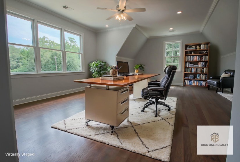 Office area featuring ornamental molding, dark wood finished floors, ceiling fan, baseboards, and recessed lighting