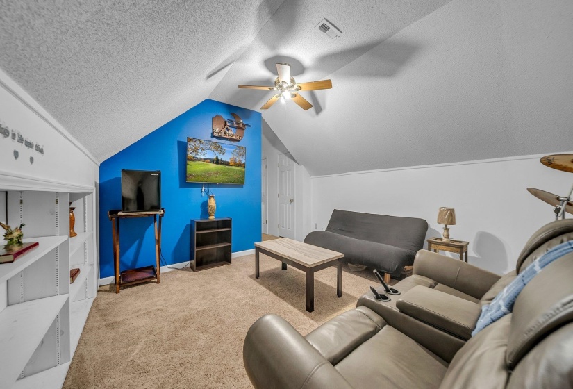 Carpeted living room featuring lofted ceiling, a textured ceiling, and ceiling fan