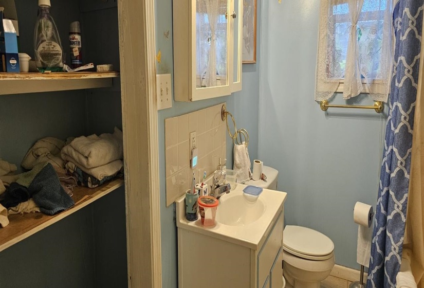 Bathroom featuring vanity, toilet, and backsplash