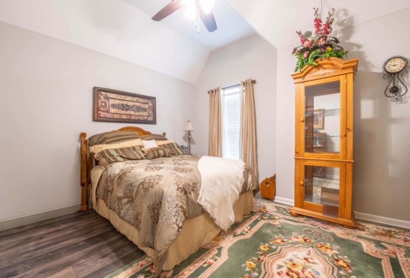 Bedroom featuring lofted ceiling, ceiling fan, and dark hardwood / wood-style floors