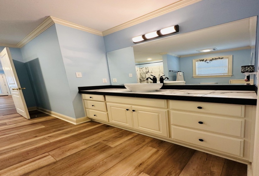 Bathroom with ornamental molding, baseboards, and wood finished floors