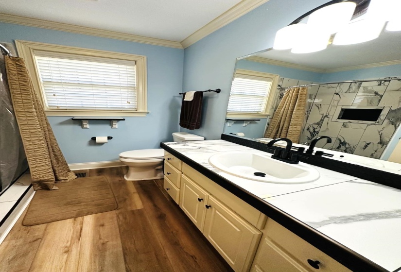 Bathroom featuring a stall shower, wood finished floors, vanity, and crown molding