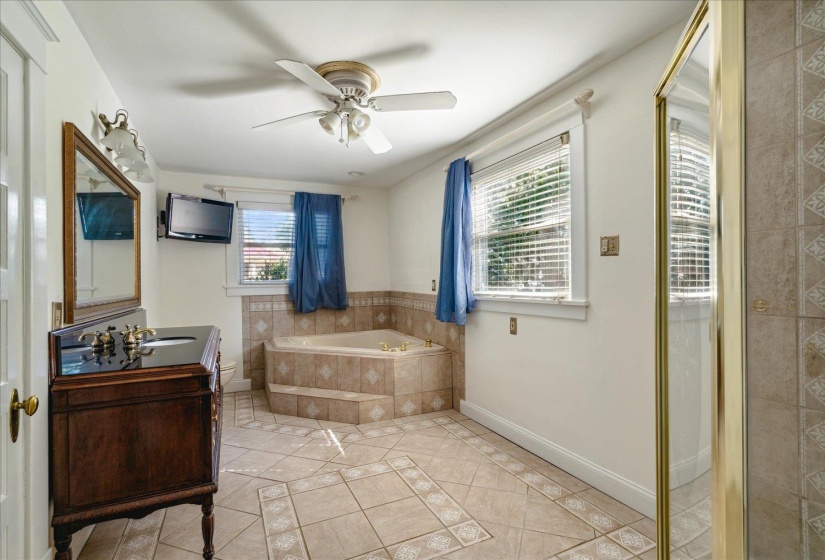 Bathroom featuring vanity, ceiling fan, a wealth of natural light, and tiled tub