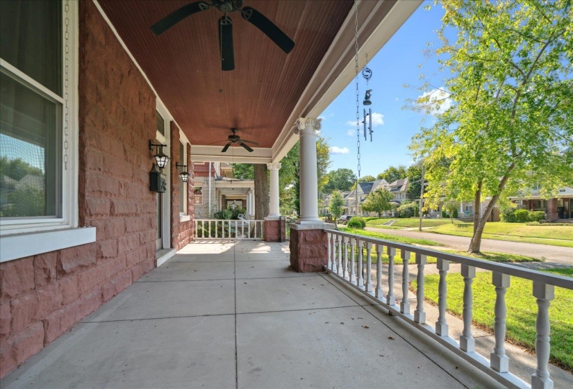 View of patio with covered porch and ceiling fan