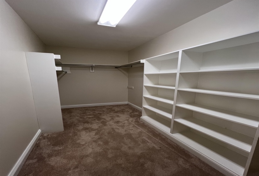 Walk in closet with dark colored carpet
