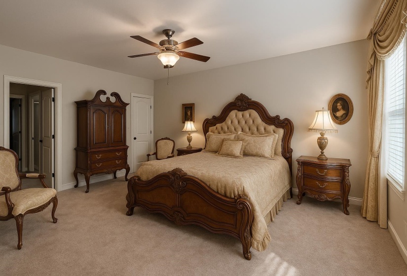 Bedroom with light colored carpet, baseboards, and ceiling fan