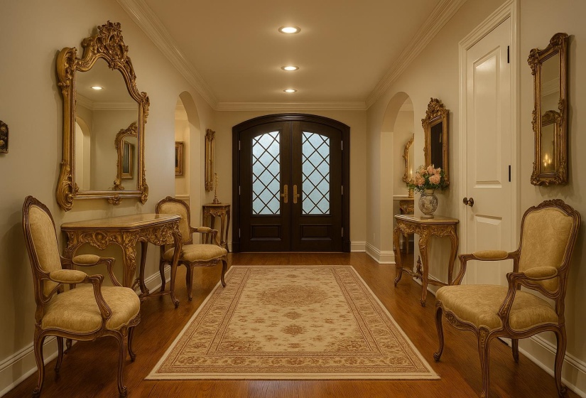 Entrance foyer with arched walkways, ornamental molding, wood finished floors, baseboards, and recessed lighting
