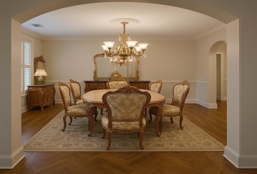 Dining space featuring arched walkways, a chandelier, crown molding, and baseboards