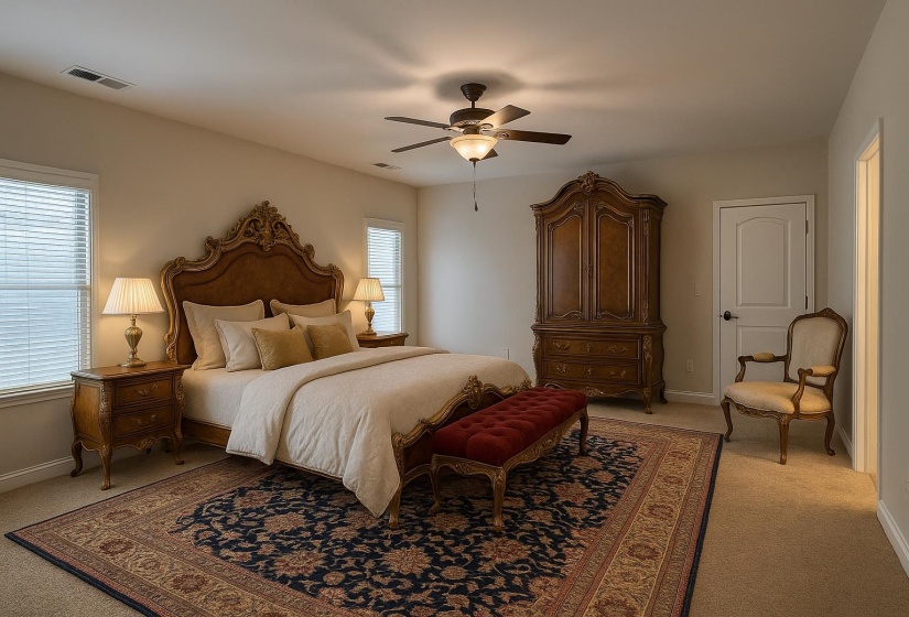 Bedroom with light colored carpet, baseboards, and ceiling fan