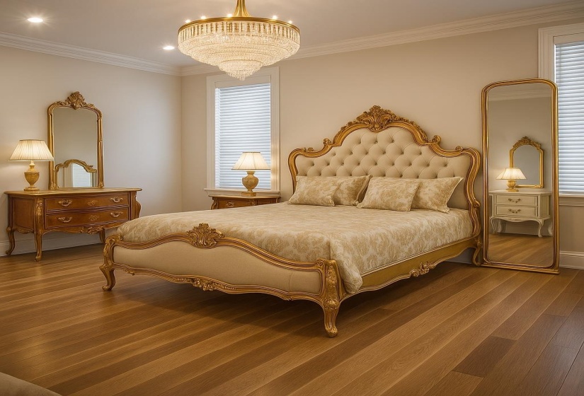 Bedroom featuring a chandelier, wood finished floors, multiple windows, recessed lighting, and crown molding