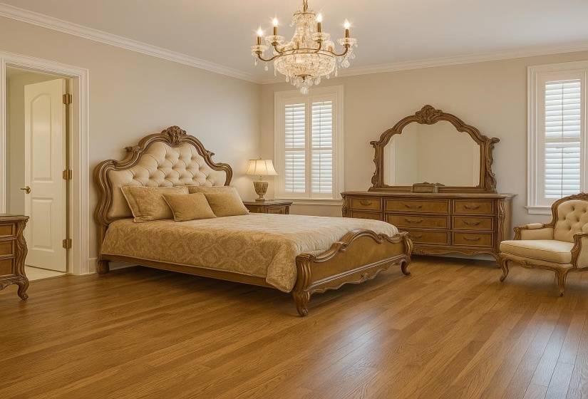 Bedroom with a chandelier, wood finished floors, multiple windows, and crown molding