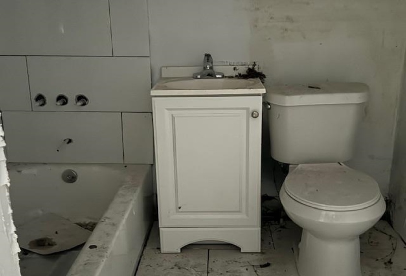 Bathroom featuring a tub, vanity, and toilet