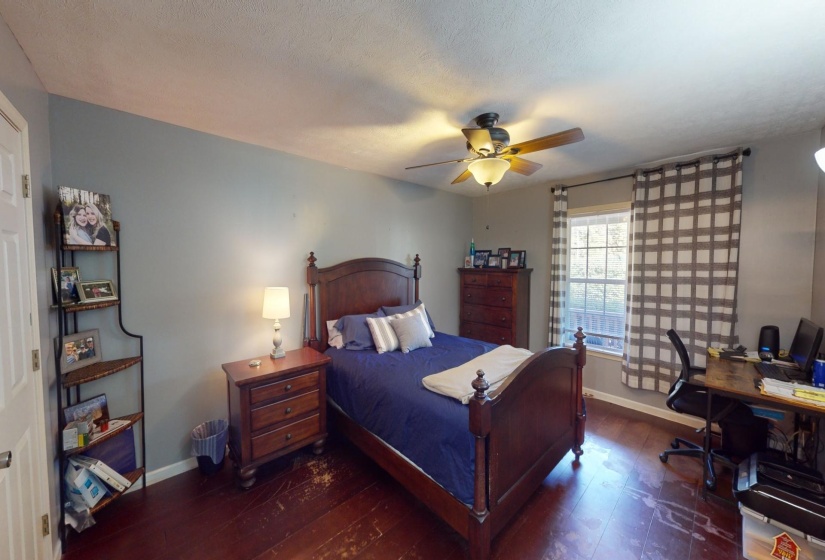 Bedroom featuring dark wood-type flooring, a textured ceiling, and ceiling fan