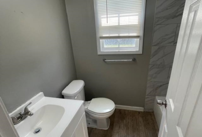Bathroom featuring vanity, hardwood / wood-style floors, and toilet