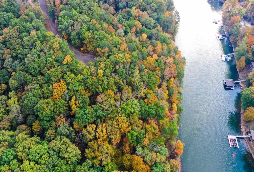 Birds eye view of property with a water view