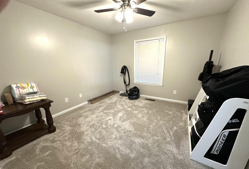 Exercise area with carpet and ceiling fan