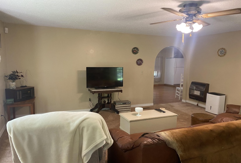 Living room with arched walkways, ceiling fan, heating unit, carpet, and a textured ceiling