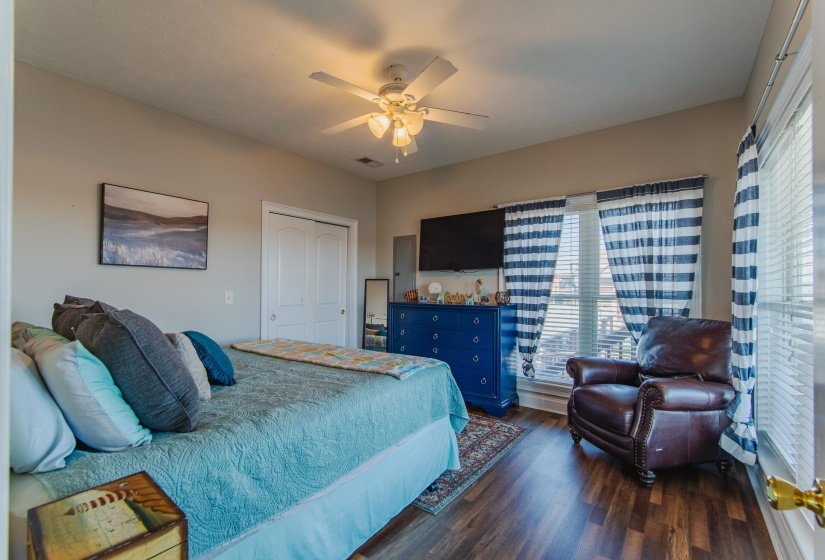 Bedroom featuring multiple windows, ceiling fan, a closet, and dark hardwood / wood-style flooring