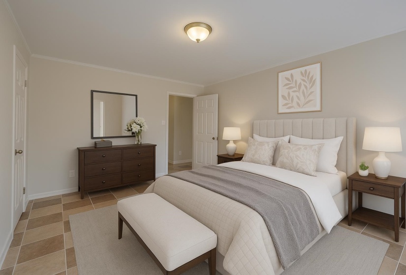 Bedroom featuring crown molding and light tile patterned flooring