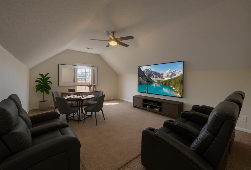 Carpeted living room with lofted ceiling and a ceiling fan. This photo is digitally staged.