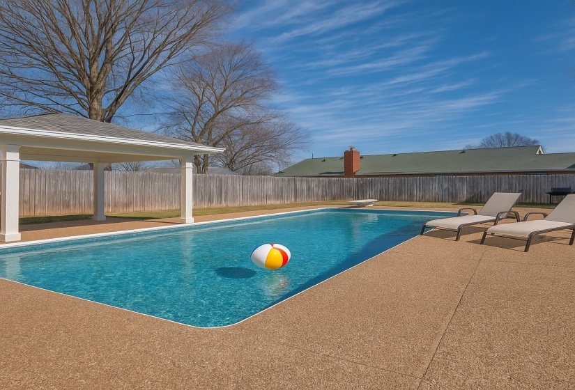 View of pool featuring a fenced backyard and a patio area. This photo is digitally staged.