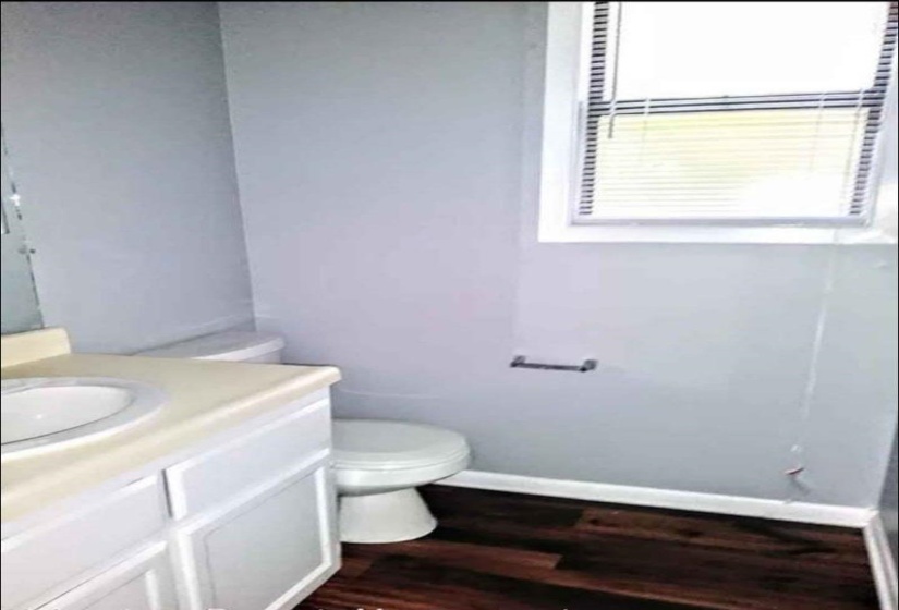 Bathroom with vanity, wood-type flooring, and toilet