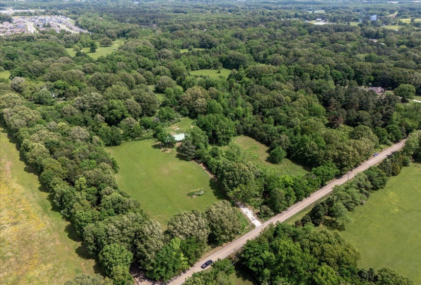 Aerial view featuring a forest view