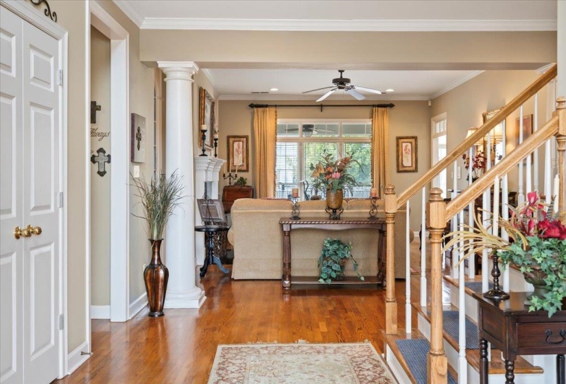 Foyer entrance with ceiling fan, ornamental molding, wood-type flooring, and decorative columns