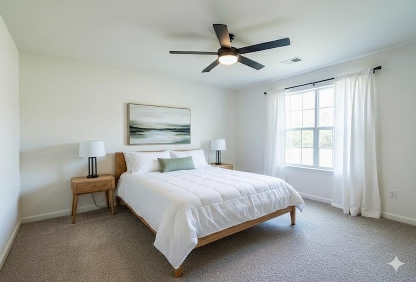 Carpeted bedroom featuring baseboards and a ceiling fan