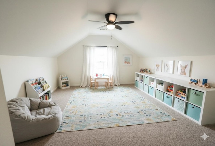 Game room featuring carpet flooring, vaulted ceiling, and a ceiling fan