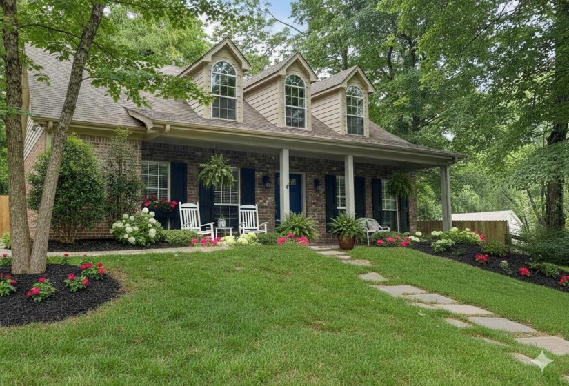VIRTUALLY STAGED  Cape cod home featuring brick siding, covered porch, a shingled roof, and a front lawn