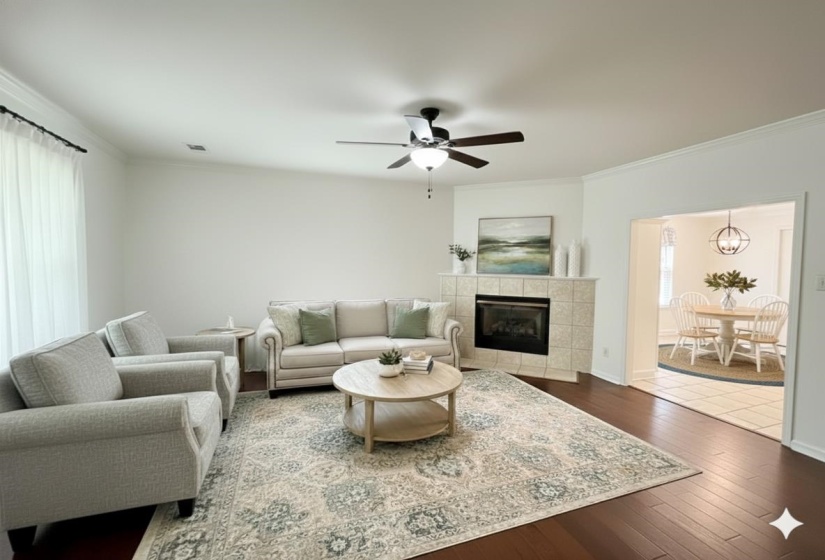 Living room with wood-type flooring, crown molding, ceiling fan, and a tile fireplace