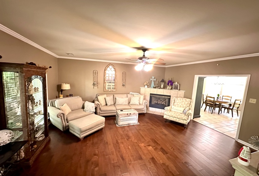 Living area featuring a ceiling fan, dark wood-style flooring, a fireplace, and ornamental molding
