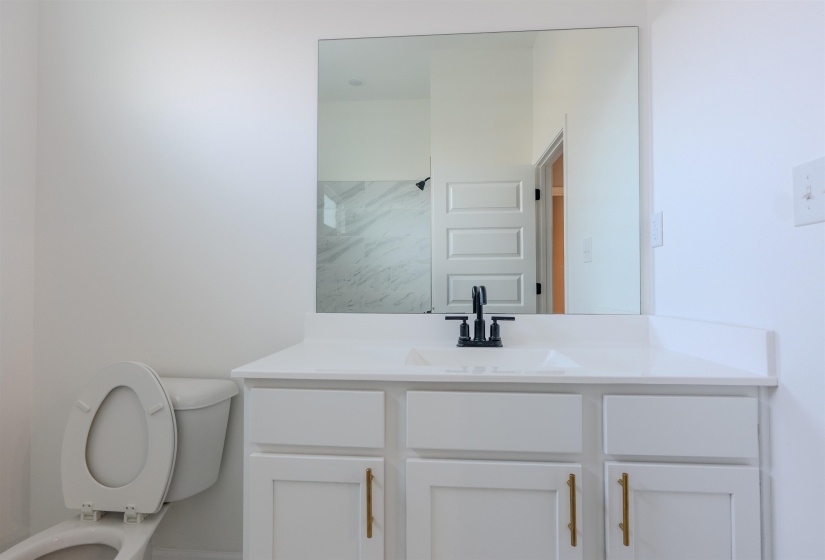 Bathroom with vanity, toilet, and a shower