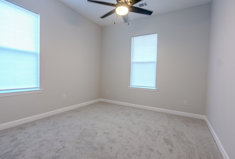 Carpeted spare room with ceiling fan and plenty of natural light