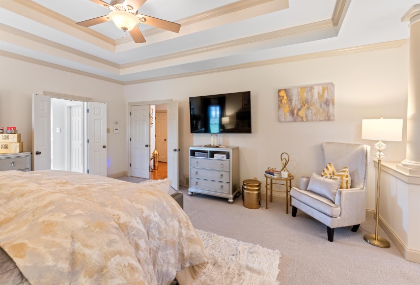 Bedroom featuring ornamental molding, a raised ceiling, ceiling fan, and light colored carpet