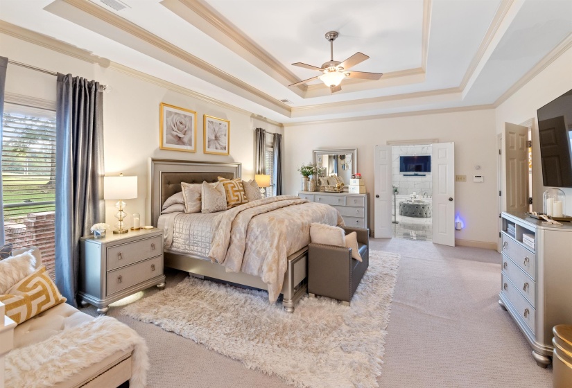 Carpeted bedroom featuring ornamental molding, a tray ceiling, and ceiling fan
