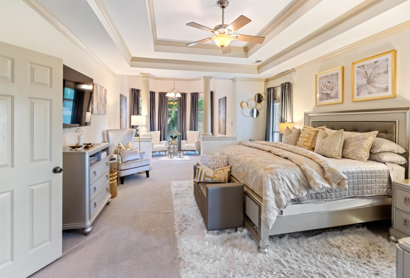 Bedroom featuring ceiling fan, light colored carpet, a raised ceiling, and crown molding