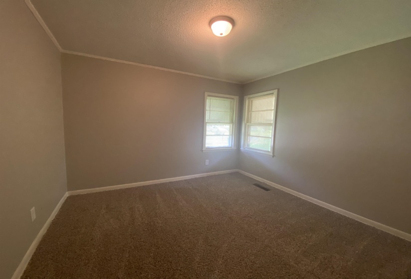 Carpeted spare room with ornamental molding and a textured ceiling