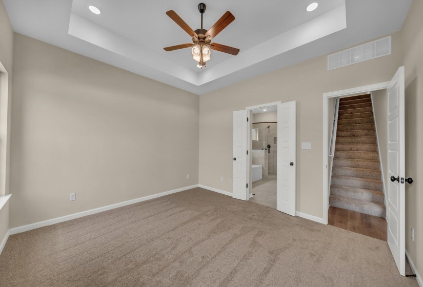 Unfurnished bedroom with ensuite bathroom, visible vents, baseboards, carpet floors, and a tray ceiling