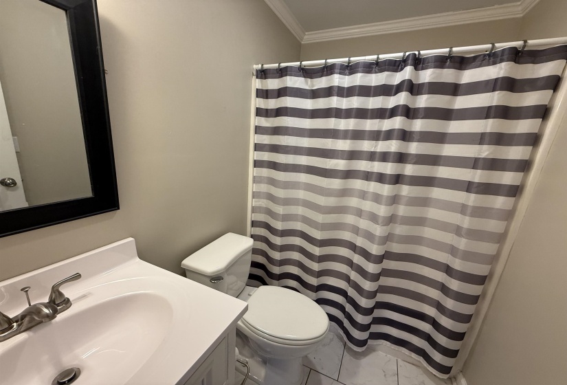 Bathroom with vanity, crown molding, toilet, and a shower with curtain